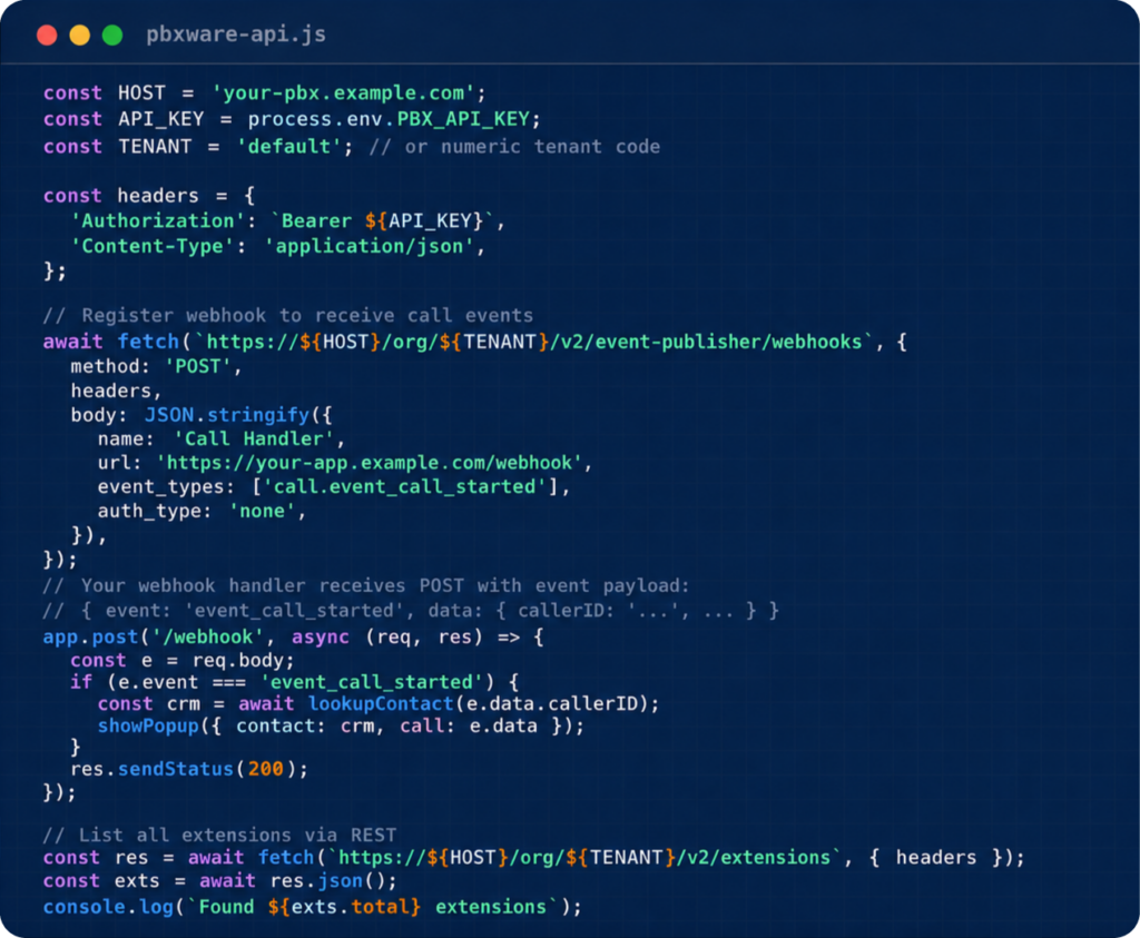 portale sviluppatori pbxware 1 Codice JavaScript e strumenti del Portale Sviluppatori PBXware per le integrazioni API